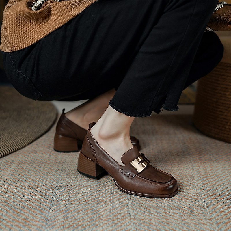 Loafers Retro Leather High Heels Chunky Heel Simple Women's Shoes - รองเท้าอ็อกฟอร์ดผู้หญิง - หนังแท้ สีดำ