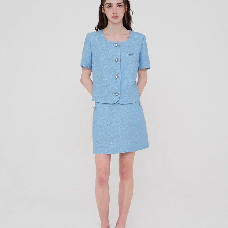 Korea sisterhood, Tweed A-line miniskirt - Sky - 裙子/長裙 - 聚酯纖維 藍色