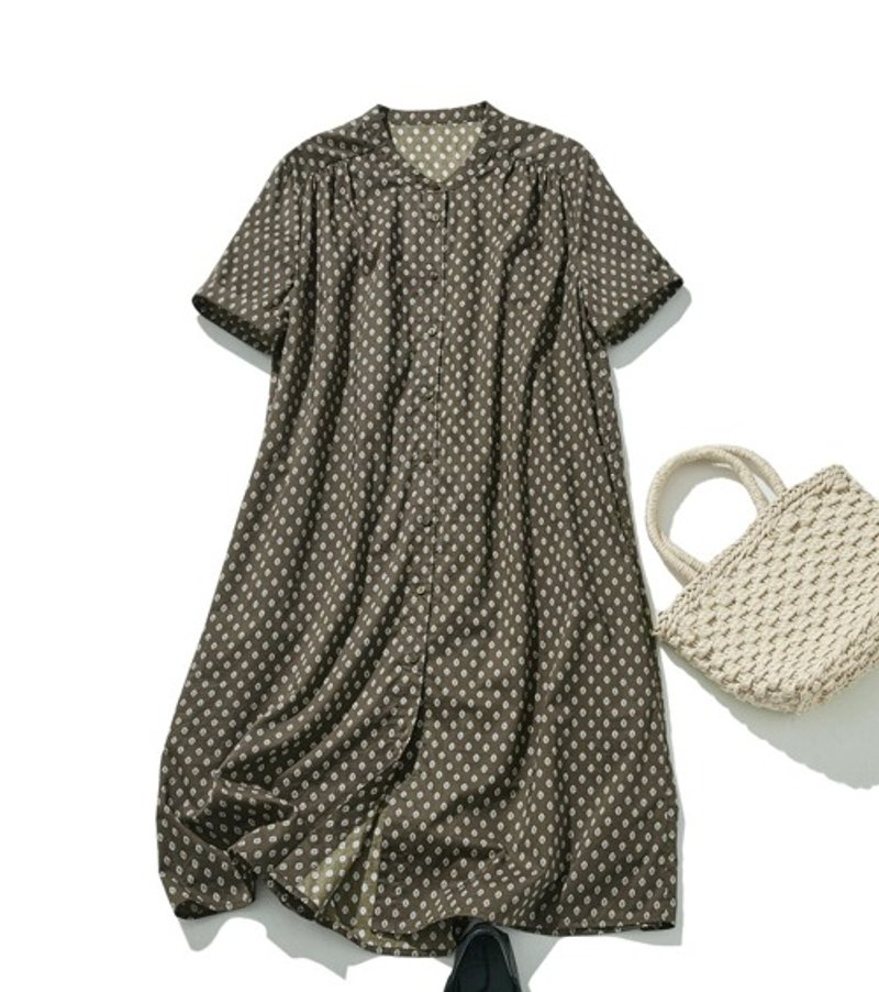 A shirt dress with an original pattern that adults will love. Cotton short-sleeved dress 240704-2 - ชุดเดรส - ผ้าฝ้าย/ผ้าลินิน 