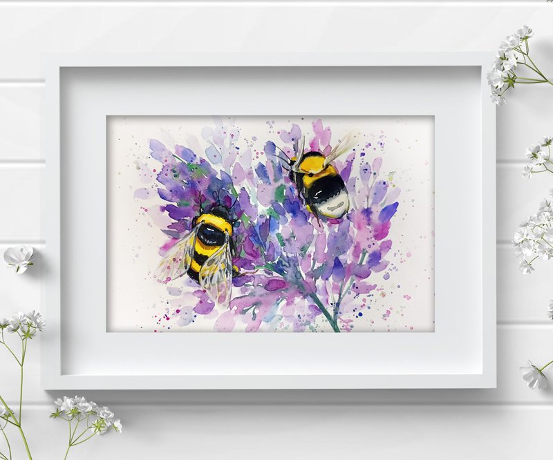 Watercolor 2 bumblebee on flower wall decor bee painting by Anne Gorywine - 壁貼/牆壁裝飾 - 紙 多色