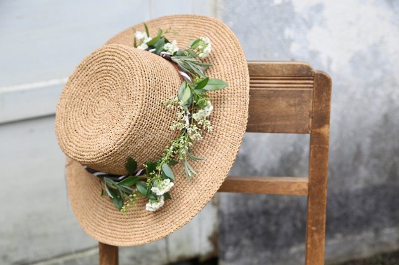 France Rafi straw hat 8CM - หมวก - พืช/ดอกไม้ สีนำ้ตาล
