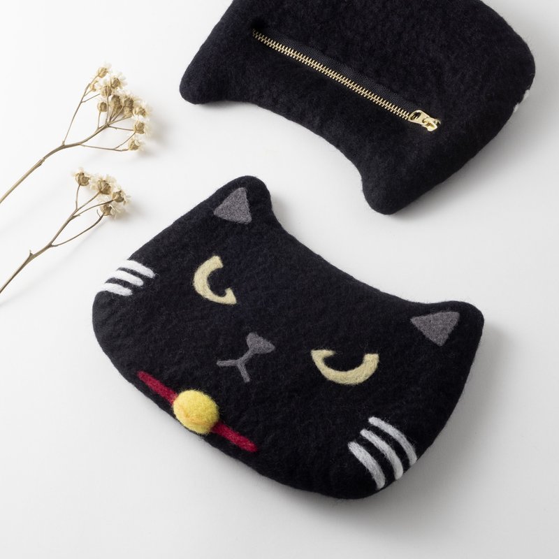 [Customized Cat] Wool Felt Zipper Coin Purse Fully Handmade Original Design - กระเป๋าใส่เหรียญ - ขนแกะ สีดำ