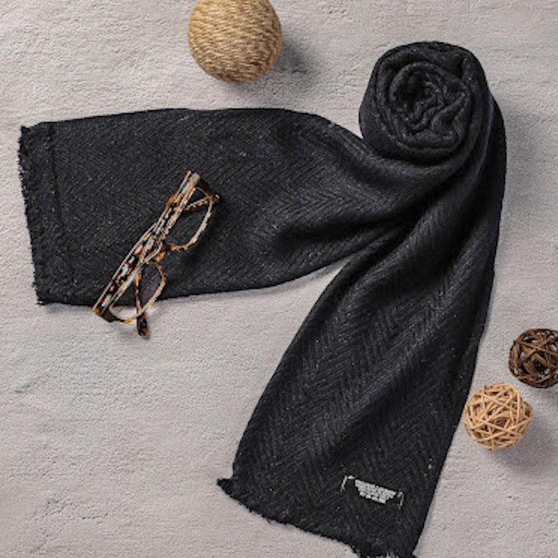 [Narrow Version] Cashmere Wool Scarf Black Mountain Pattern Neck Circumference Hand Knitted Suitable for Men and Women - Knit Scarves & Wraps - Wool Black