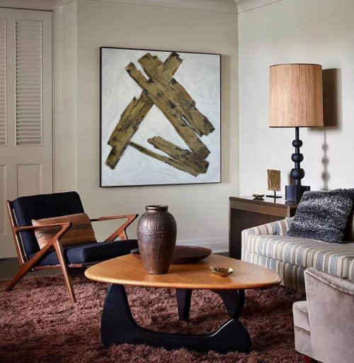 オリジナル金箔ラインアクリル絵画抽象 Japandi スタイル壁