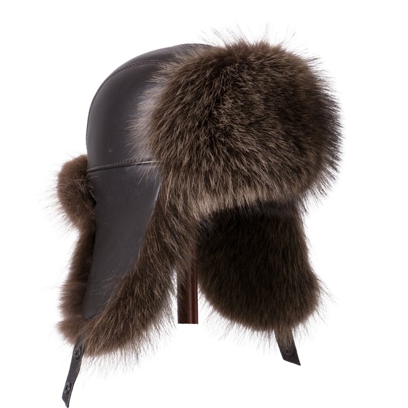 Ushanka Fur Hat Raccoon Fur Real Hat Color Reddish-brown (Black smooth skin) - 帽子 - 羊毛 咖啡色