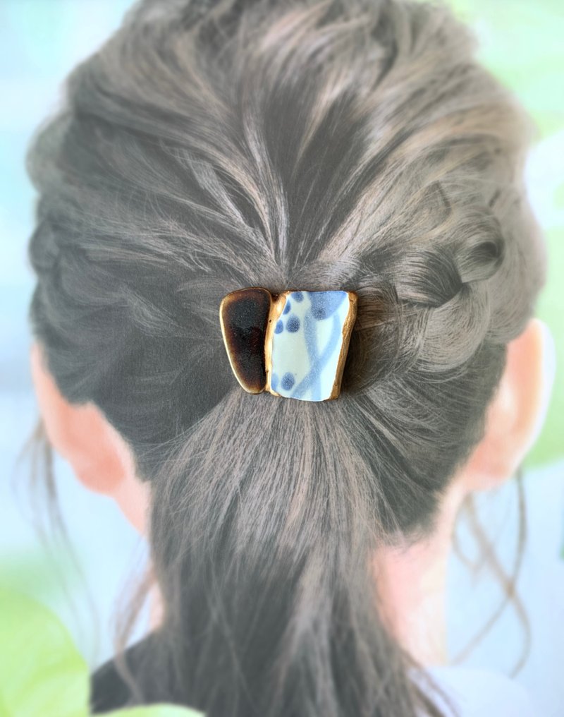 海からの贈り物 シー陶器 シータイル 金継ぎ ヘアアクセサリー ヘアゴム ポニーフック ブローチ ゴールド 金 ブラウン 茶 白 ホワイト ブルー 青 - 髮夾/髮圈 - 陶 咖啡色
