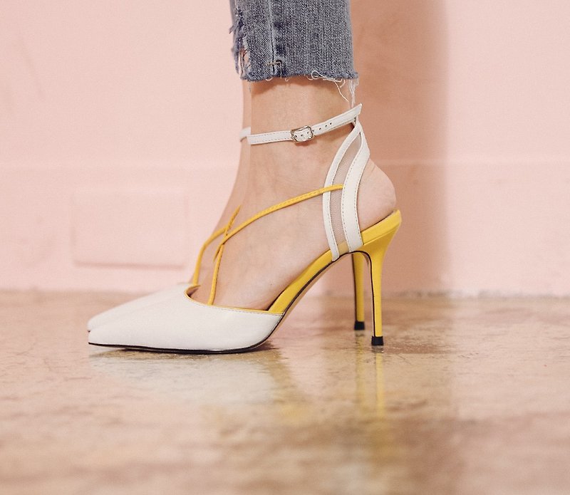 String cross mesh structure sandals white yellow - High Heels - Genuine Leather Yellow