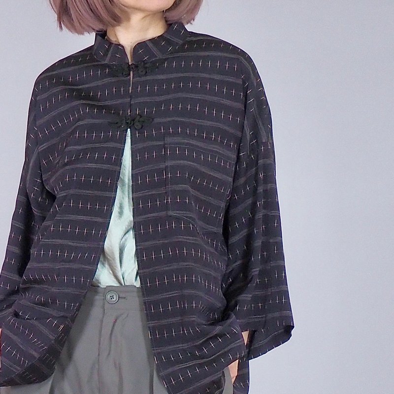 【日本製造】 深藍色絲質羽織翻版襯衫、女式 M-L、立領襯衫 - 女大衣/外套 - 絲．絹 藍色