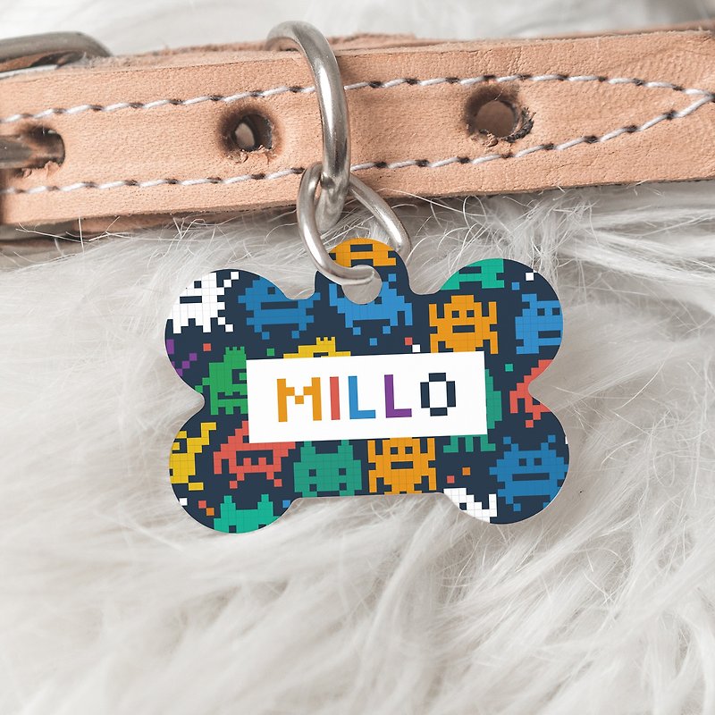 Customized pet identification tag-Chinese and English double-sided customization-Pixel Monster/Pet Fashion Accessories - Custom Pillows & Accessories - Other Metals Blue