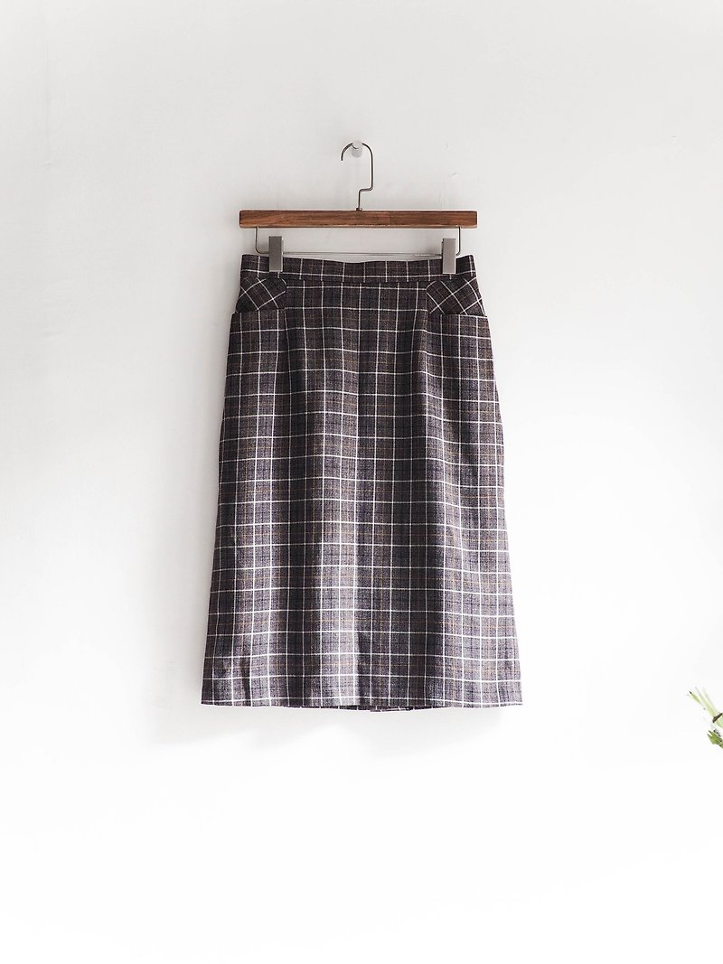 River Hill - Hong Chuanbulangni classic plaid wool sheep quality antique Straight Skirt college students in Japan vintage dress vintage - Skirts - Cotton & Hemp Gray