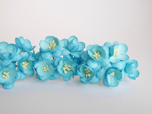 makemefrompaper Paper flower, 50 pieces, size 2.5 cm. Cherry blossom, Sakura, Aqua blue color.