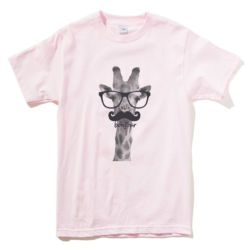 Giraffe bonjour pink t-shirt - เสื้อยืดผู้หญิง - ผ้าฝ้าย/ผ้าลินิน สึชมพู