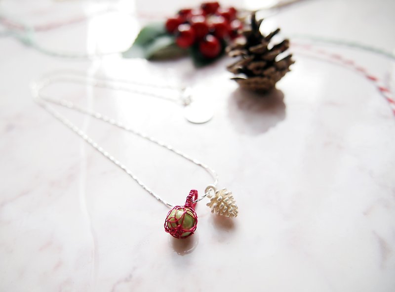 French hand-braided Bronze wire red ball with green artificial pearls and Silver gold necklace pineal Pendant P047 promoter - สร้อยคอ - โลหะ สีแดง