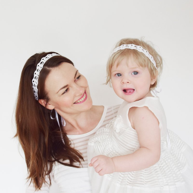 White Mommy and Me Headbands, Mother Daughter Headband Set of 2, Linen Lace Crochet Headbands for Mommy and Baby Girl - Headband Set for Mothers and Daughters - 髮夾/髮飾 - 其他材質 白色