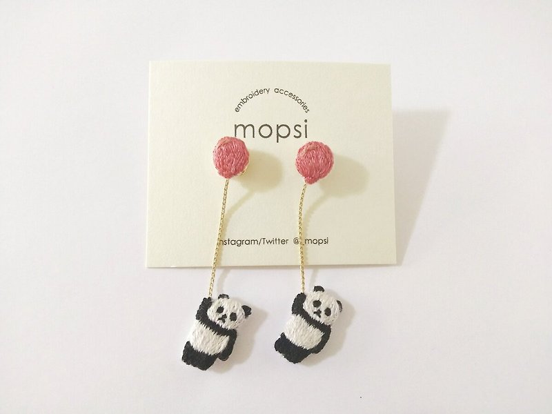 Balloons and panda embroidery earrings / Clip-On - Earrings & Clip-ons - Thread Red