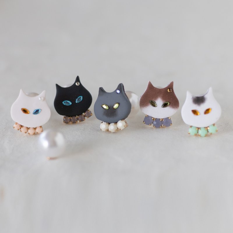 【期間限定】選べる猫とパールキャッチ ピアス/ノンホール - ピアス・イヤリング - 粘土 多色