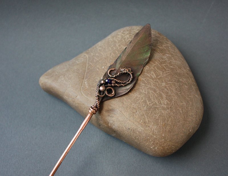 Electroformed Copper Dove Feather Hair Pin - 髮夾/髮圈 - 銅/黃銅 藍色