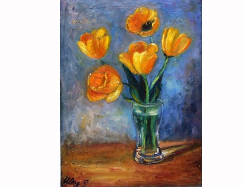 AmazingPaintingsIrina Yellow tulip painting Original Art Floral Still life Flowers in vase artwork