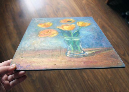 黄色いチューリップの絵画 オリジナルアート 花の静物画 花瓶に