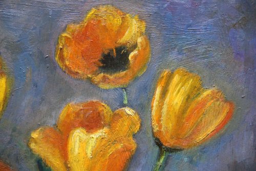 キャンバス油絵　黄色い椅子の上に置いた鉢植えの黄色いチューリップ他計2枚セット キャンバス油絵黄色い椅子の上に置いた鉢植えの黄色い
