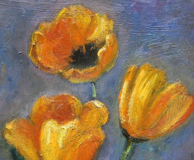 黄色いチューリップの絵画 オリジナルアート 花の静物画 花瓶に入った