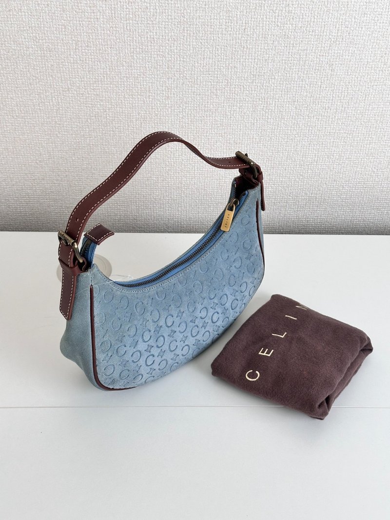 中古包 Celine思琳 Macadam Triomphe 老花半月包 - 手提包/手提袋 - 棉．麻 藍色