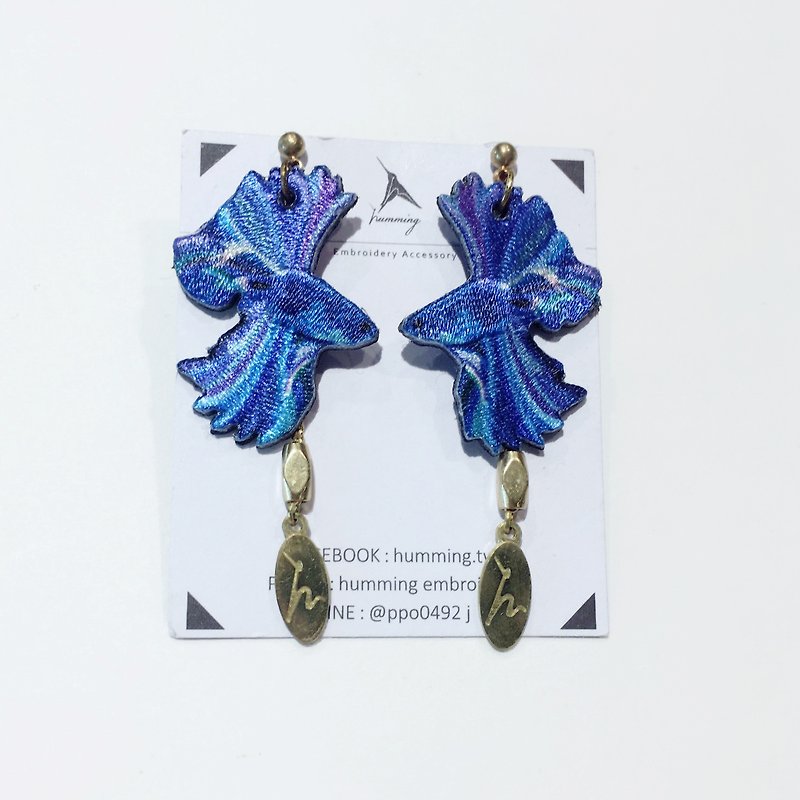 humming | Embroidery earrings-blue betta - Earrings & Clip-ons - Thread Blue