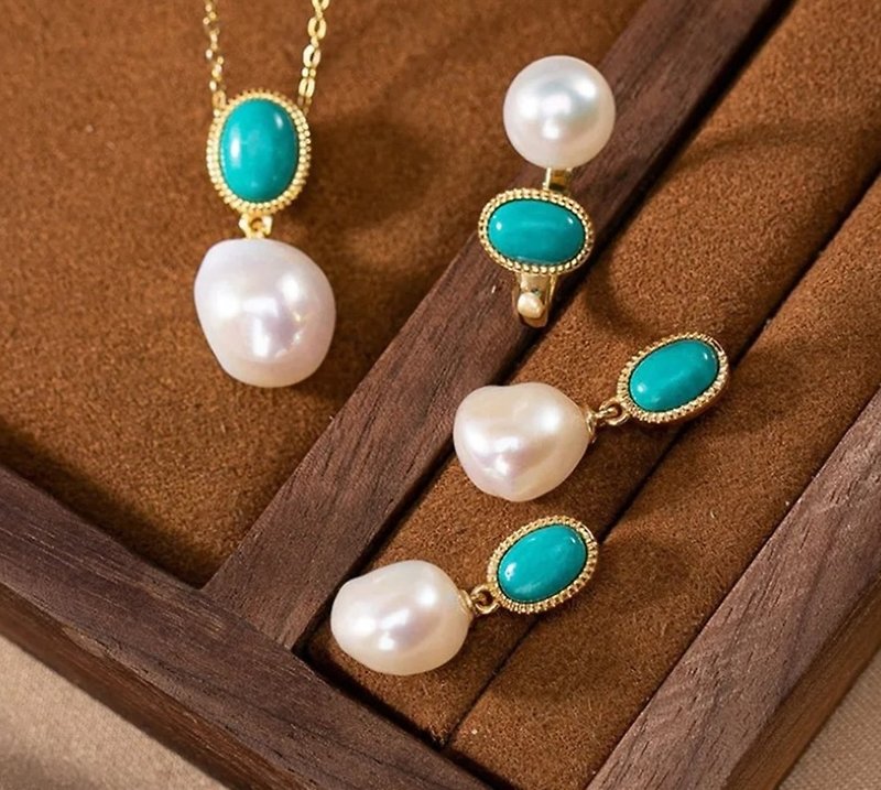 New Popular Baroque Pearls Jewelry Sets for Women Natural Pearls Turquoise - 戒指 - 純銀 多色