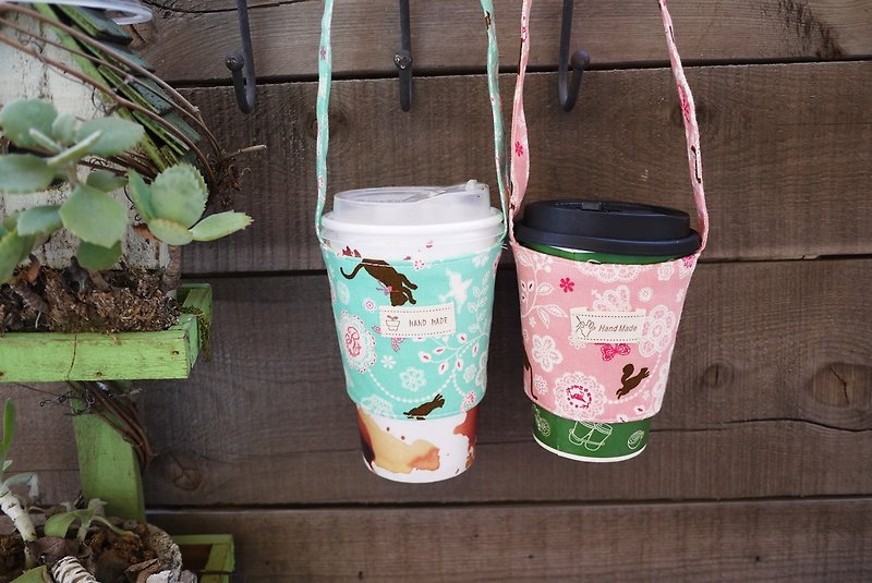 粉綠蕾絲貓咖啡杯提袋 - 杯袋/飲料提袋 - 棉．麻 