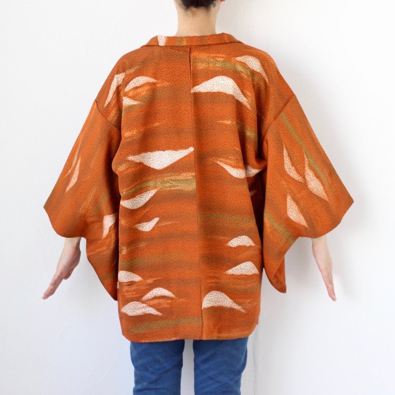 abstract kimono, Japanese silk haori, traditional kimono /3886 - เสื้อแจ็คเก็ต - ผ้าไหม สีส้ม