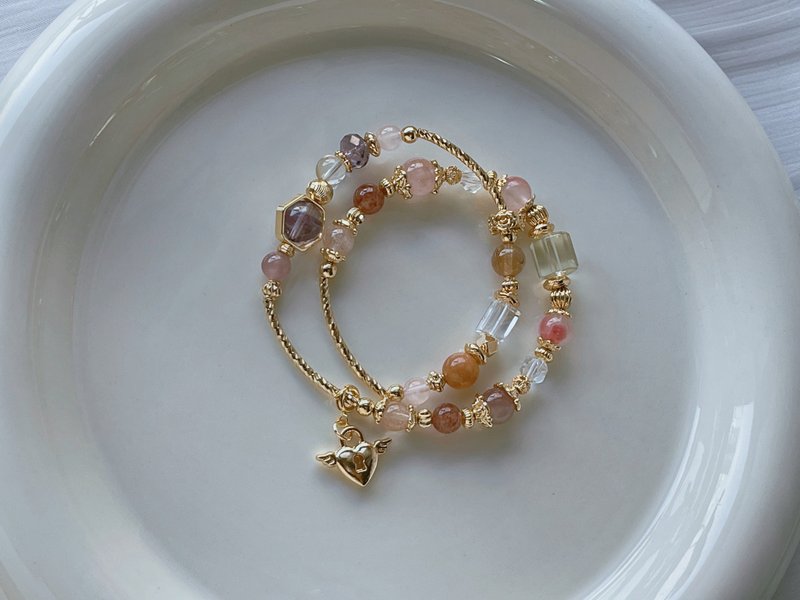 Princess Heart丨Powder Quartz + Sakura Rain丨Lucky and Peach Blossoms丨Customized Double Circle Crystal Bracelet - สร้อยข้อมือ - คริสตัล สึชมพู