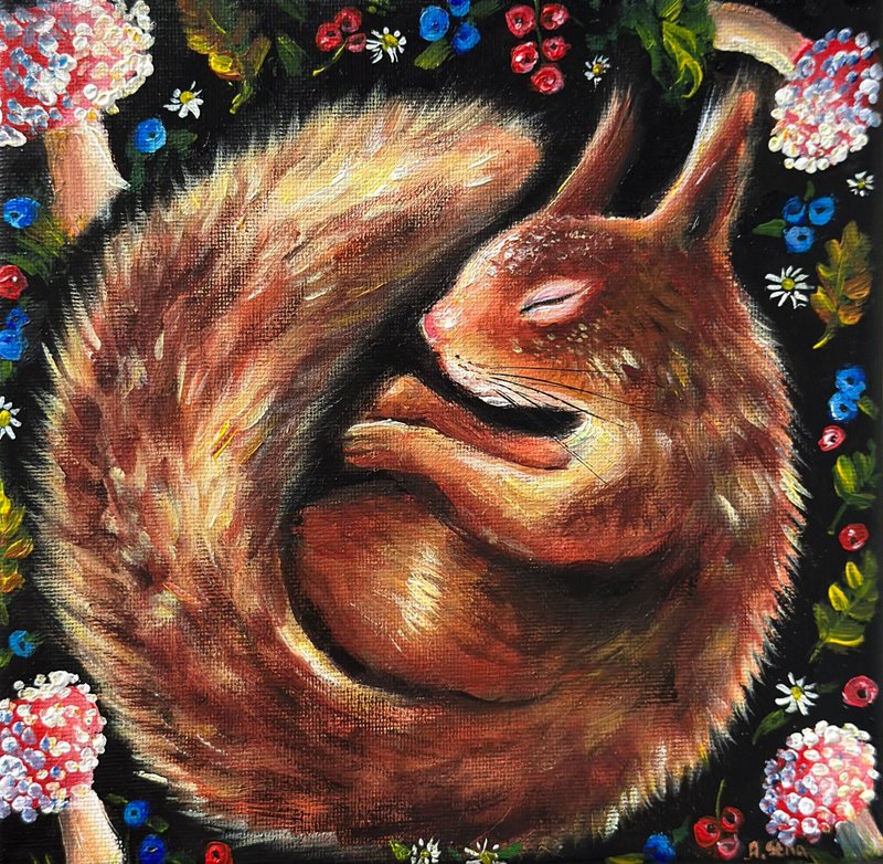 Sleeping squirrel canvas painting, Squirrel decor, Woodland animals, Forest art - 壁貼/牆壁裝飾 - 棉．麻 黑色