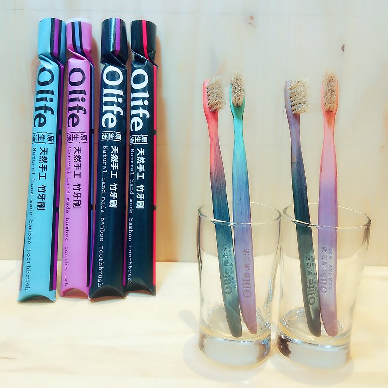 Olife original natural handmade bamboo toothbrush [dream color 4 sticks moderate soft white horse hair] - Other - Bamboo Multicolor