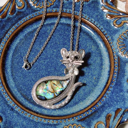 挪亞方舟古董飾品 Vintage Jewelry 【西洋古董飾品】 精緻優雅貓咪 天然炫彩鮑魚貝鑲嵌 萊茵鑽 項鍊
