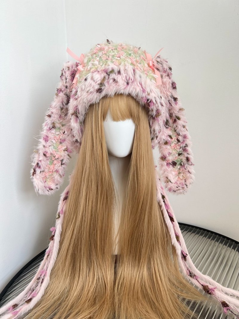 Cute Pink Bunny Ear Plush Hat | Fluffy Rabbit Ear Winter Hat | Handmade Kawaii - หมวก - วัสดุอื่นๆ 
