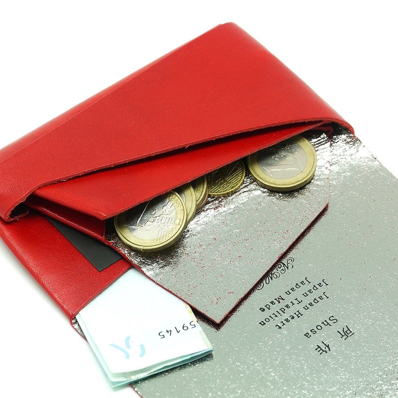 日本手工-所作Shosa 植鞣牛皮 零錢包 - 低調奢華款/紅銀 - 零錢包/小錢包 - 真皮 紅色