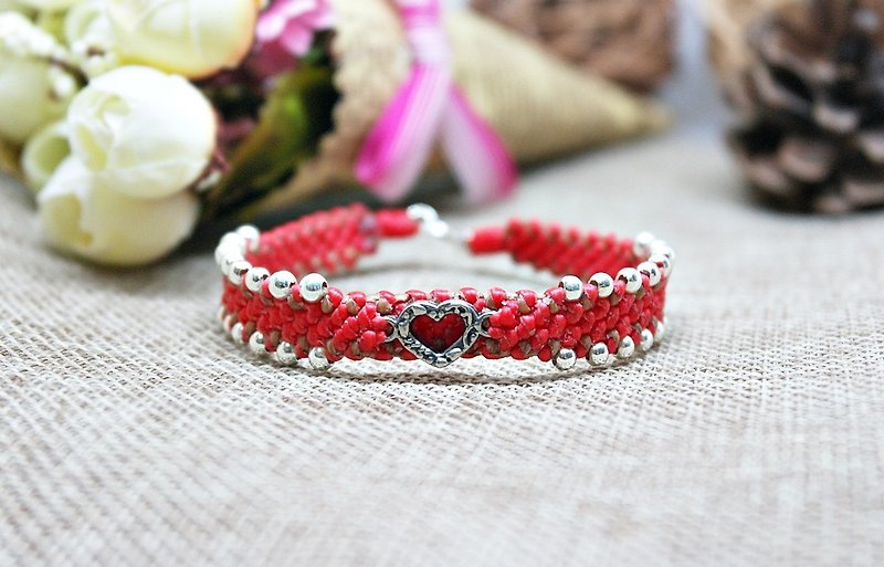 Hand-knitted silk Wax thread X silver jewelry_Heart of Passion <You can choose your own color> -Limited*1- - Bracelets - Wax Red
