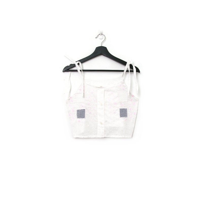 Back to Green-再製綁帶刺繡 鏤空 格紋拼布sv-34/ vintage vest - 背心/無袖上衣 - 棉．麻 