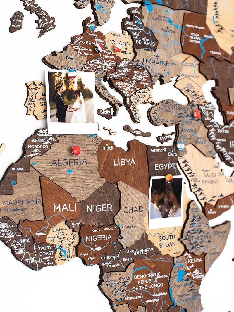 Wood World Map Wall Art, Housewarming Gifts, Large World Map, Travel Art Hanging - Wall Décor - Wood Brown