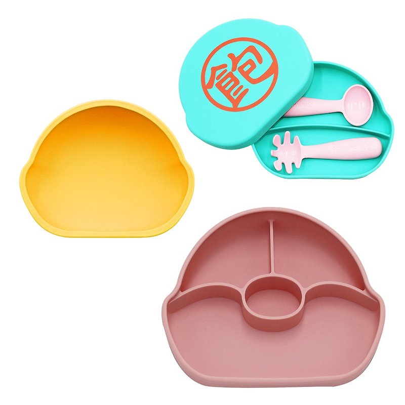 Split plate without turning over (powder) + suction cup (yellow) + Silicone box (Teal-full) + learning tableware set (powder) - จานเด็ก - ซิลิคอน หลากหลายสี
