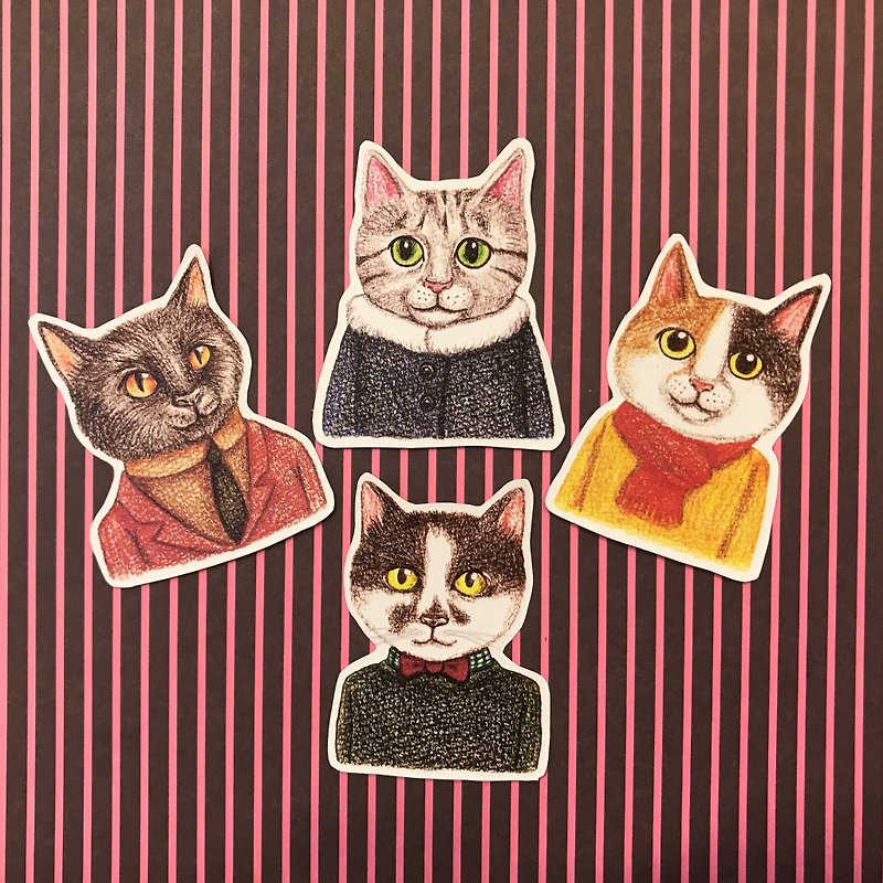 Color pencil hand-painted fashion cat waterproof sticker set 4 pieces - Stickers - Paper 