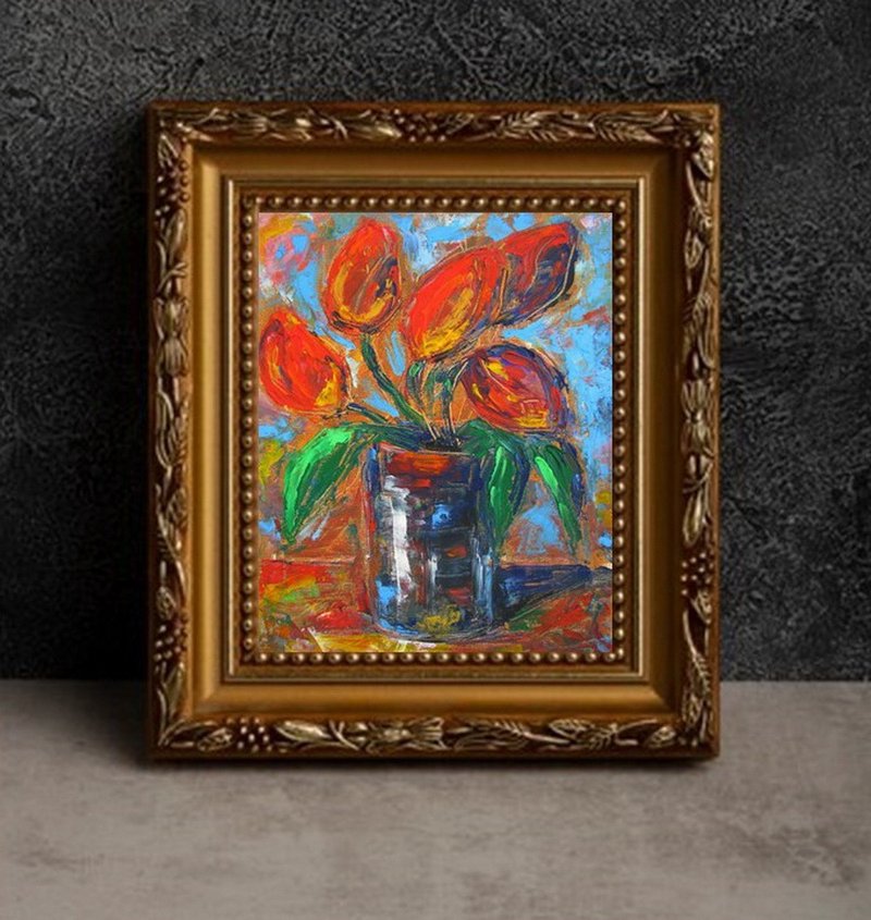 Original oil painting small size Red tulips in a can contemporary modern art - 壁貼/牆壁裝飾 - 其他材質 多色