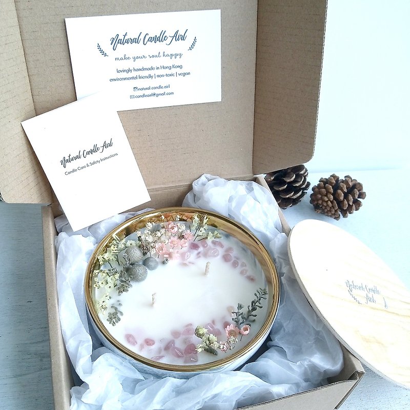 Rose Quartz - White Marble bowl | Dried flower Crystal Natural Soywax Candle - Candles & Candle Holders - Wax Pink