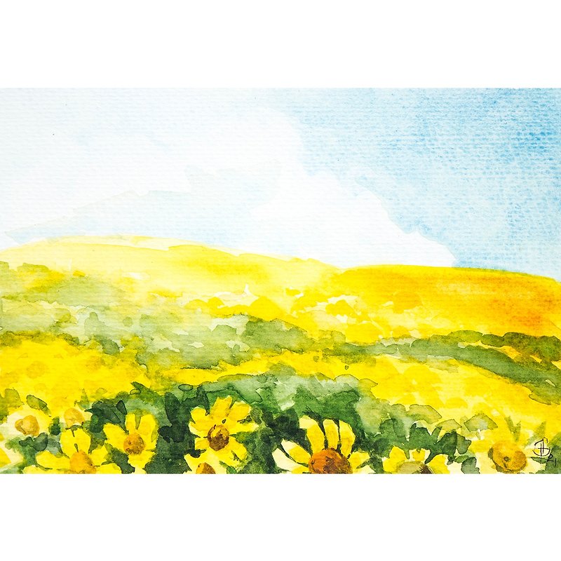 Sunflower Painting, Field Painting, Landscape Painting, Watercolor Flowers Art - 海報/掛畫/掛布 - 紙 黃色
