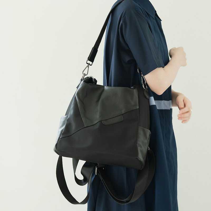 Diagonal Stitching - Dual Material Backpack - Black - กระเป๋าเป้สะพายหลัง - หนังแท้ สีดำ