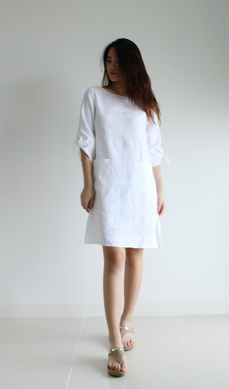 Made to order linen dress / linen clothing / long dress / casual dress E20D - 連身裙 - 亞麻 白色
