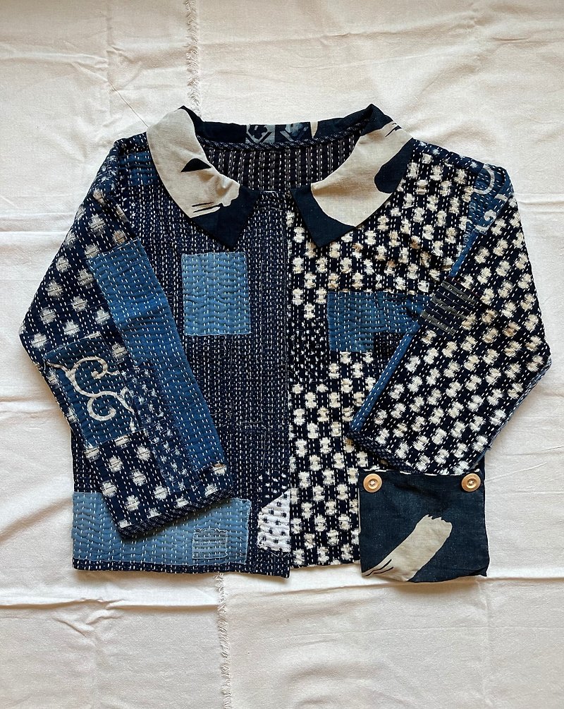 日本古布襤褸刺子外套 - 男夾克/外套 - 棉．麻 藍色