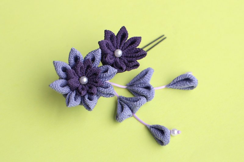 初夏の風 小花のミニかんざし 紫 つまみ細工 - ヘアアクセサリー - シルク・絹 パープル