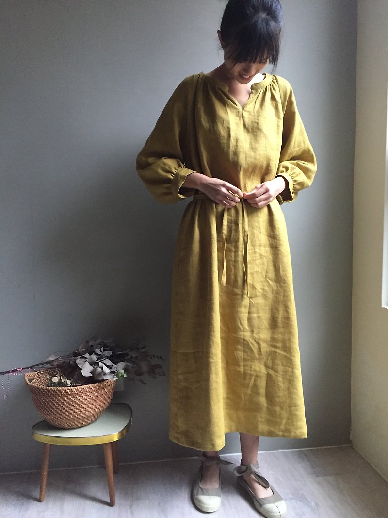 Provence / French mustard yellow sleeves / cardigan linen long dress 100% linen - ชุดเดรส - ผ้าฝ้าย/ผ้าลินิน 