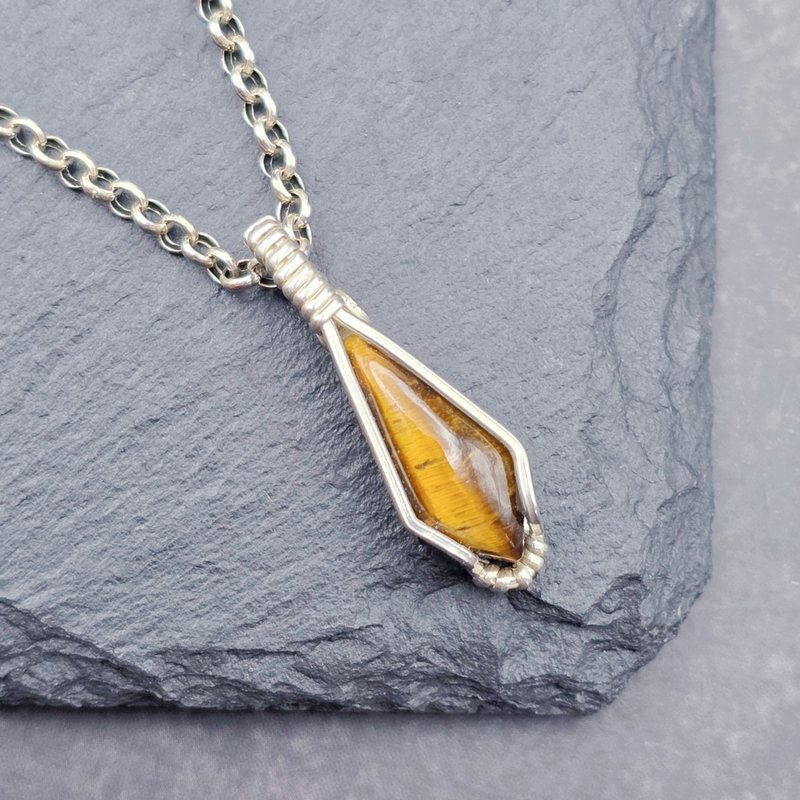 黃虎眼石 銀線吊墜 金屬繞線 - 項鍊 - 純銀 黃色